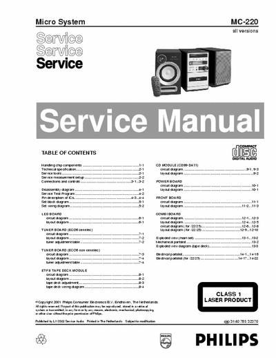 Philips MC-220 Philips Micro System
Models: MC-220
Service Manual