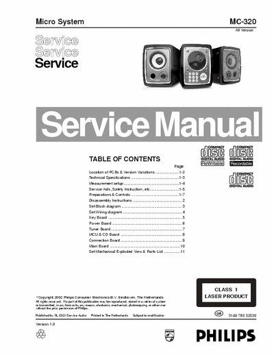 Philips MC-320 Philips Micro System
Models:MC-320
Service Manual