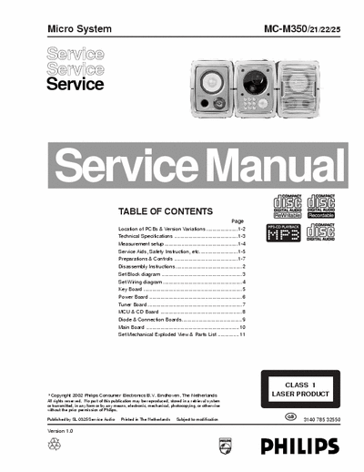 Philips MC-M350 Philips Micro System
Model: MC-M350
Service Manual