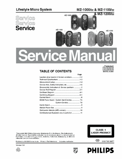 Philips MZ-1000 Philips Lifestyle Micro System 
Models: MZ-1000, MZ-1100, MZ-1200
Service Manual