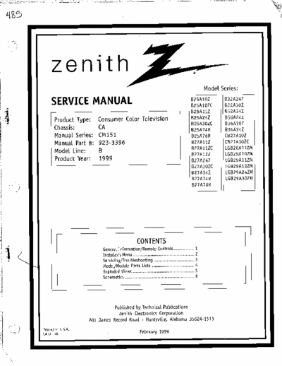 Zenith B27A76R 2 files, 165 pages, scanned service manual & addendum. Zenith color TV model series B25A10Z, B25A10ZC, B25A11Z, B25A24Z, B25A30ZC, B25A74R, B25A76R, B27A11Z, B27A11ZC, B27A13Z,  B27A24Z, B27A30ZC, B27A34Z, B27A74R, B27A76R,  B32A24Z, B32A30Z, B32A34Z, B36A24Z, B38A30Z, B36A34Z, CB27A10Z, CB27A10ZC, LGB26A11ZM, LGB29A10ZM, LGB29A11ZM, LGB29A13ZM, LGB29A24ZM & LGB29A30ZM. Manual series CM151, manual p/n 923-3396, model line B, Product year 1999.