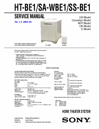 Sony HT-BE1 Service manual for home cinema speaker system HT-BE1/SA-WBE1/SS-BE1
