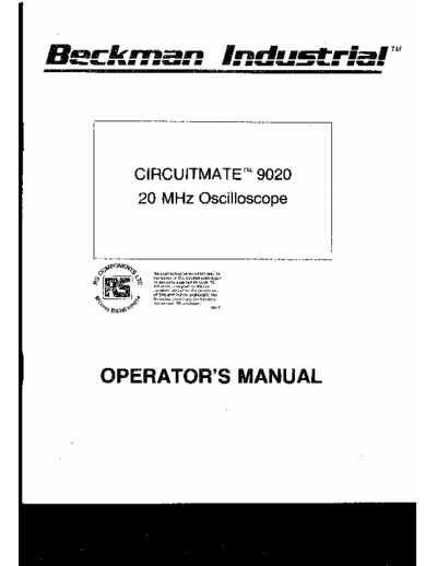 Beckman Industrial 9020 Beckman Industrial Circuitmate 9020 20 MHz Oscilloscope Operators Manual. Includes schematic