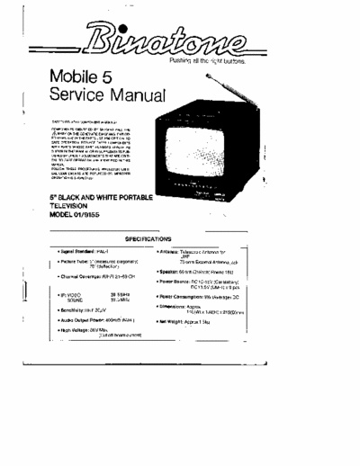 Binatone 01/9155 Binatone Black and White 5Inch 12V Portable Television, Service Manual, english