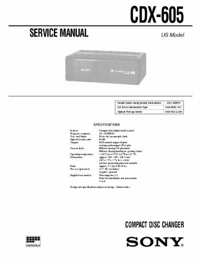 SONY CDX-605 CD CHANGER OWNERS MANUAL