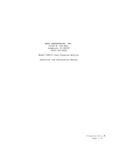 MESA Laboratories CDXIII Model CDXIII Dual Pressure Monitor
Operation and Calibration Manual
Manometer Users Manual