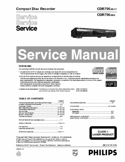 Philips CDR795 Philips Compact Disc Recorer Model: CDR795 Service Manual