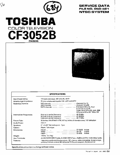 Toshiba CF3052B 3 pdf files, 30 total pages of service data for 30 inch Toshiba NTSC color TV model # CF3052B.