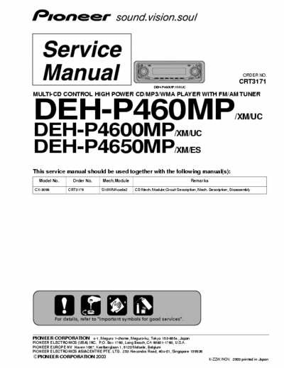 Pioneer DEH-P460MP  DEH-P4600MP   DEH-P4650MP Audio Car