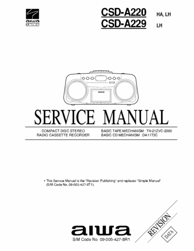 AIWA CSD-A220, CSD-A229 Service Manual CD Stereo Radio Cassette Recorder (Tape mech. TN-21ZVC-2000) (Cd mech. DA11T3C) - [Tot. File 3.501Kb] Part 1/2 - pag. 31