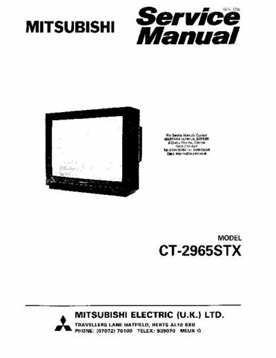 MITSUBISHI CT-2965STX Complete service manual for TV set Mitsubishi CT-2965 (Euro 8 chassis). Also ok for CT-2963.
Part 1.