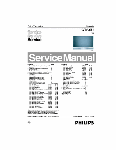 Philips CT2.0U RA 116 page service manual for Philips 50 & 60 inch projection DLP HD5 color TV model # CT2.0U RA