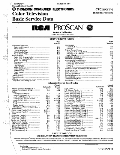 RCA CTC169(PTV) 181 page basic service data manual volume 1 of 4 for Thompson consumer electronics RCA ProScan (GE) color TV model # CTC169(PTV) Second edition, MAR97.