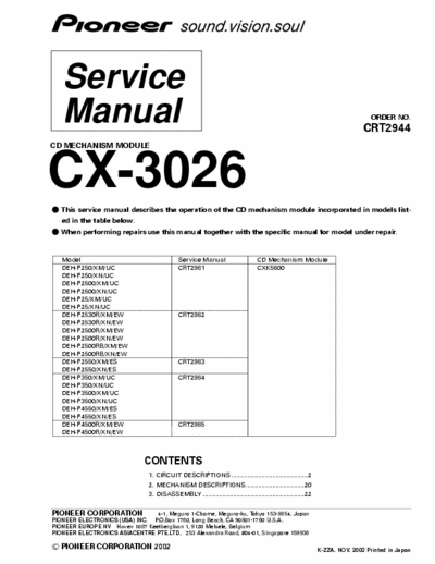 Panasonic CX-3206 CD Mechanism Model
for DEH-P25xx, DEH-P35xx, DEH-P45xx