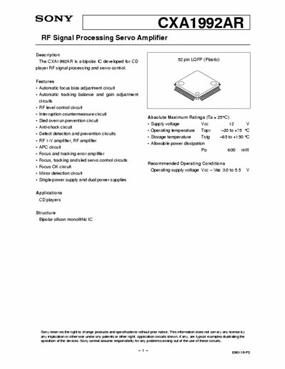 SONY  RF Signal Processing Servo Amplifier