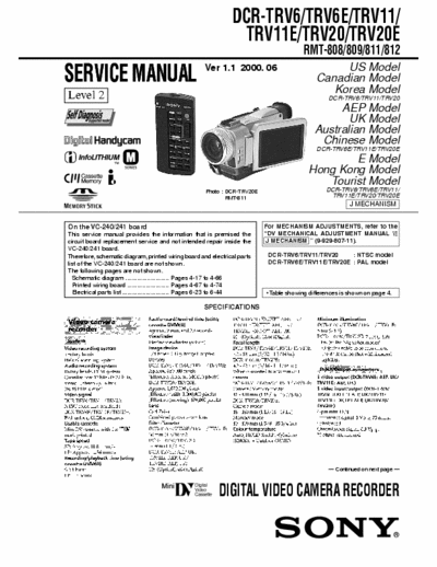 Sony DCR-TRV6 2 files, 278 total pages, level 2 & 3 service manuals for Sony digital video camera recorder model #