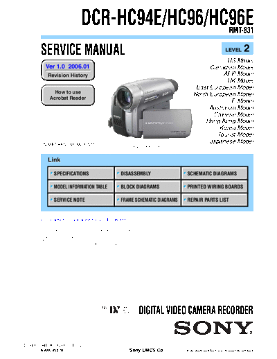 Sony DCR-HC94E 2 files, total of 153 pages, level 2 service manual RMT-831 for Sony digital video camera recorder model #