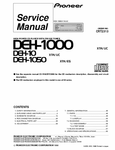 PIONEER DEH-1000 SERVICE MANUAL