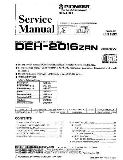 PIONEER DEH-2016 RENAULT SERVICE MANUAL