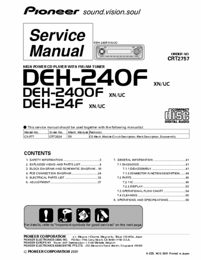 PIONEER DEH-240 SERVICE MANUAL