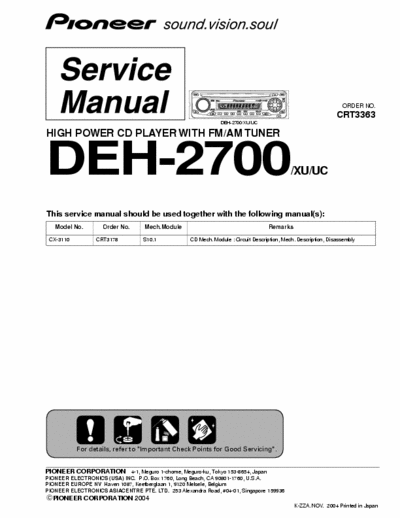 PIONEER DEH-2700 SERVICE MANUAL