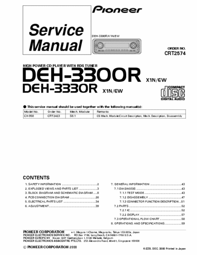 PIONEER DEH-3300 SERVICE MANUAL