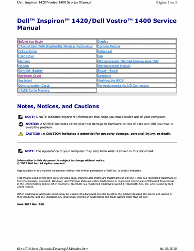 DELL INSPIRON 1400 Dell Inspiron 1400 / Vostro 1400 Notebook  Service Manual