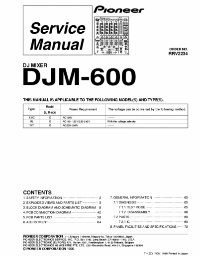 PIONEER DJM 600 dj mixer service manual