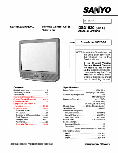 Sanyo DS31520 Service Manual - Remote Control Color Television