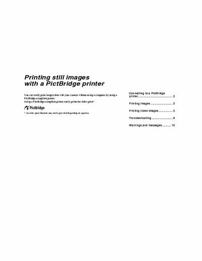 Sony DSC-T1 10 page note on Printing still images with a PictBridge printer. Refers to Sony d-cam # DSC-T1