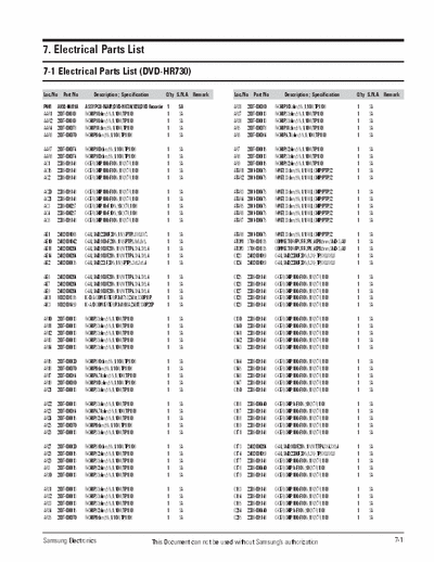 SAMSUNG DVD-HR725 / DVD-HR730 electrical parts list