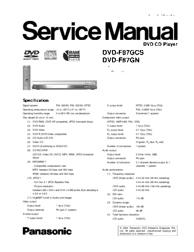 panasonic f87 Panasonic dvd-f87gn service manual