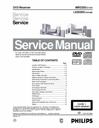 Philips MRD200 Philips DVD Receiver
Models: MRD200, LX2000D
Service Manual