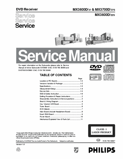 Philips MX3600D Philips DVD Receiver
Models: MX3600D, MX3700D, MX3800D
Service Manual