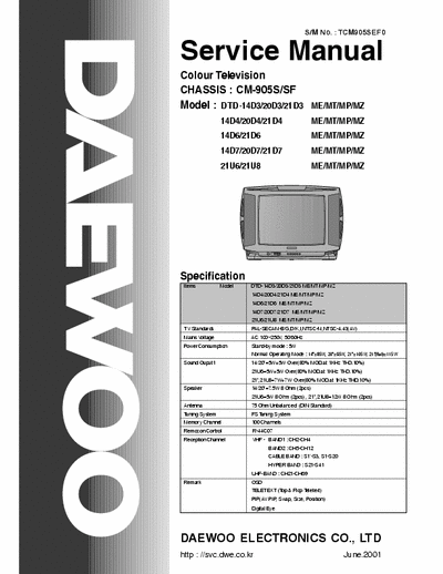 Daewoo DTD-14D3/20D3/21D3 DTD-14D3/20D3/21D3 ME/MT/MP/MZ
14D4/20D4/21D4 ME/MT/MP/MZ
14D6/21D6 ME/MT/MP/MZ
14D7/20D7/21D7 ME/MT/MP/MZ
21U6/21U8 ME/MT/MP/MZ
Hyundai HRH-21A7 chassis CM-905SF