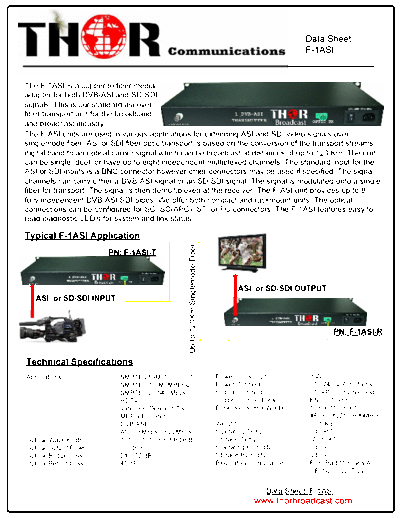 Thorfiber F-1V2A1ASI ASI SDI fiber optic transport 
http://www.thorbroadcast.com/sklep-202/produkt-29

The F-1ASI is a copper to fiber media adapter for both DVB-ASI and SD-SDI signals. This is our standard asi over fiber transport unit for the broadband and broadcast industry. The F-ASI units are used in various applications for extending ASI over fiber as well as SDI video signals over singlemode fiber. ASI or SDI fiber optic transport is based on the conversion of the transport streams digital band to an optical carrier signal which can be broadcast at distances of up to 120 Km. The unit can be single, duel, or have up to eight independent multiplexed channels. The standard input for the ASI or SDI inputs is a BNC connector however other connectors may be used if specified. The signal channels can carry either a DVB-ASI signal or an SD-SDI signal. The signal is modulated onto a single fiber for transport. The signal is then demultiplexed at the receiver. The F-ASI unit provides up to 8 fully independent DVB-ASI/SDI pipes. We offer both compact and rackmount units. The optical connections can be configured for SC, SC(APC), ST, or FC connectors. The F-1ASI features easy to read diagnostic LED