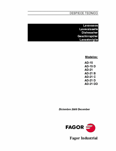 Fagor AD-15 and AD-21 AD-15 fnd AD-21 dishwasher exploded views, spare parts lists, schematics.
