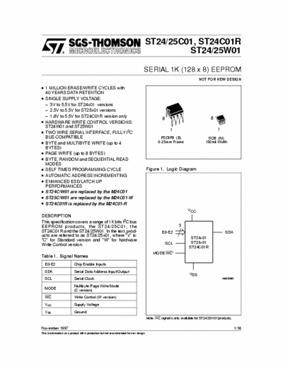 ST Microelectronics ST24C01, ST25C01 (R), ST24W01, ST25W01 Data Sheet Serial 1K (128x8) Eeprom - pag. 16