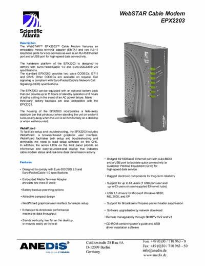 Scientific Atlanta EPX2203 WebSTAR Cable Modem
EPX2203
Description end Features