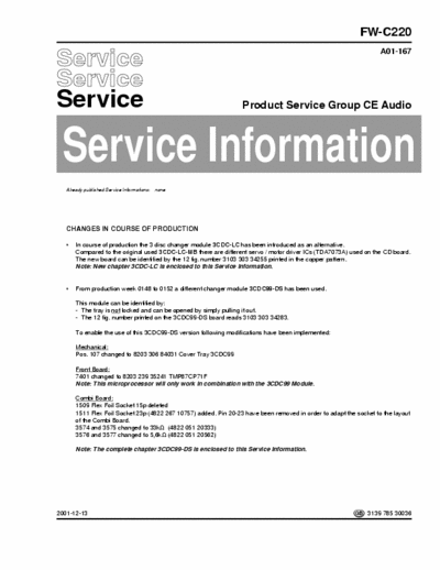 Philips FW-C220 Service Information Prod. Serv. Group CE Audio A01-167 (2001-12-13), A02-177 (2002-08-29) - File 2 - pag. 32+5 ----> Part 1/7