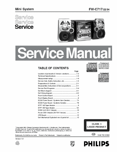 Philips FW-C717 Philips Mini Audio System
Model: FW-C717
Service Manual