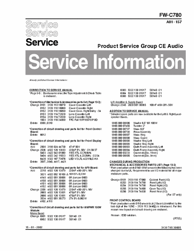 Philips FW-C780 Service Information Prod. Serv. Group CE Audio A02-167 (10-09-2002), A01-157 (15-01-2002) - File 2 - pag. 2+22 ----> Part 1/4
