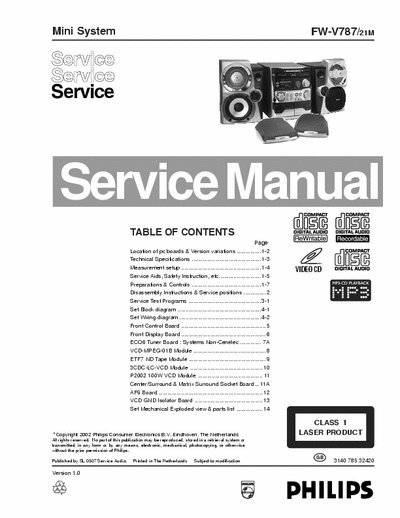 Philips FW-V787 Philips Mini Audio System Model: FW-V787 Service Manual