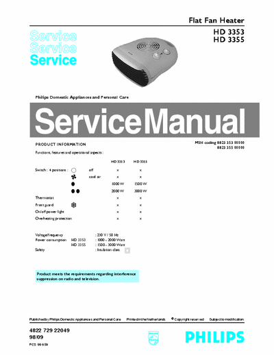 Philips HD3353  HD3355 Service Manual Flat Fan Heater 3000W (98/09) - pag. 2