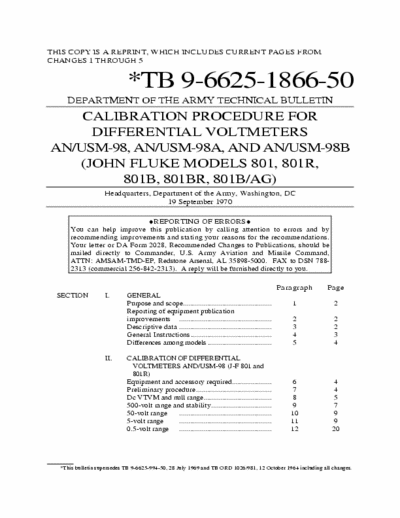 Fluke 801 Army Calibration Procedure. 801, 801R, 801B, 801BR, 801B/AG, AN/USM-98, AN/USM-98A, AN/USM-98B Differential Voltmeters