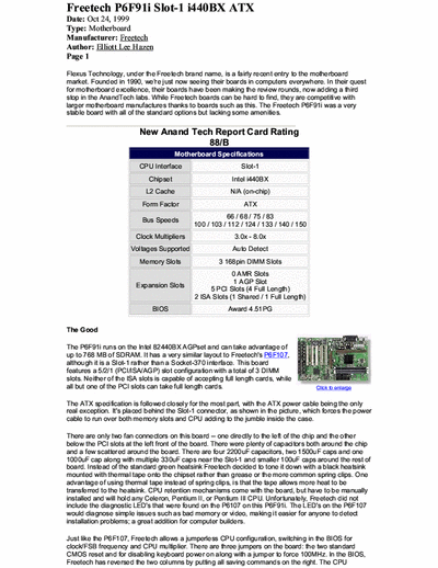 Freetech P6F91i Freetech  P6F91i  "Scorpioni" (Pentium 2) SLOT1 motherboard Manual PDF file