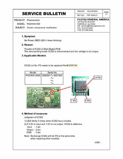 Fujitsu 42 inch Plasma Fujitsu Service Bulletin PDP-0040-01.
Checks to main digital board re picture shutdown - Continous flashing red led indicator front panel.