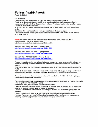 Fujitsu P42Hxxxxxx Repair tip - Fujitsu P42 inch Random shutdown, Front Panel continous flashing red led