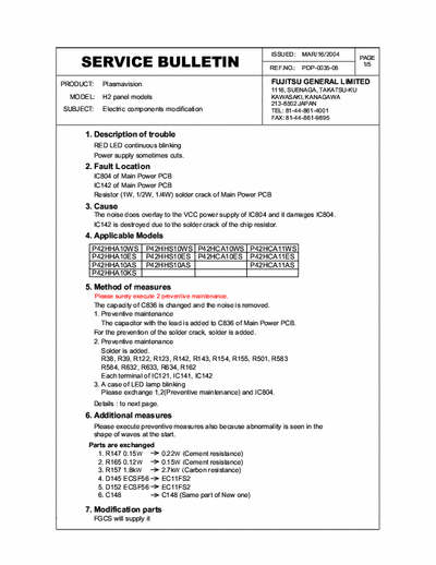 Fujitsu 42 inch Plasma Fujitsu Service Bulletin Main Power PCB PDP-0035-06 -  Pwr Supply Shutdown - Continous flashing front panel red led.