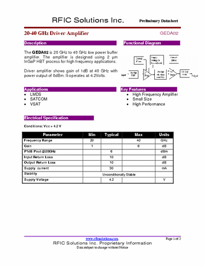 Rficsolutions Inc. The GEDA02 is 20 GHz to 40 GHz low power buffer The GEDA02 is 20 GHz to 40 GHz low power buffer
amplifier. The amplifier is designed using 2 μm
InGaP HBT process for high frequency applications.
Driver amplifier shows gain of 1dB at 40 GHz with
power output of 0dBm. It operates at 4.2Volts.